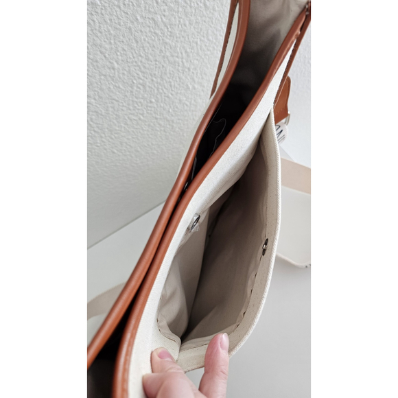 RAE DUNN BE KIND Shoulder Strap Satchel Tan Canvas Brown Leather - Very Clean - Picture 11 of 13